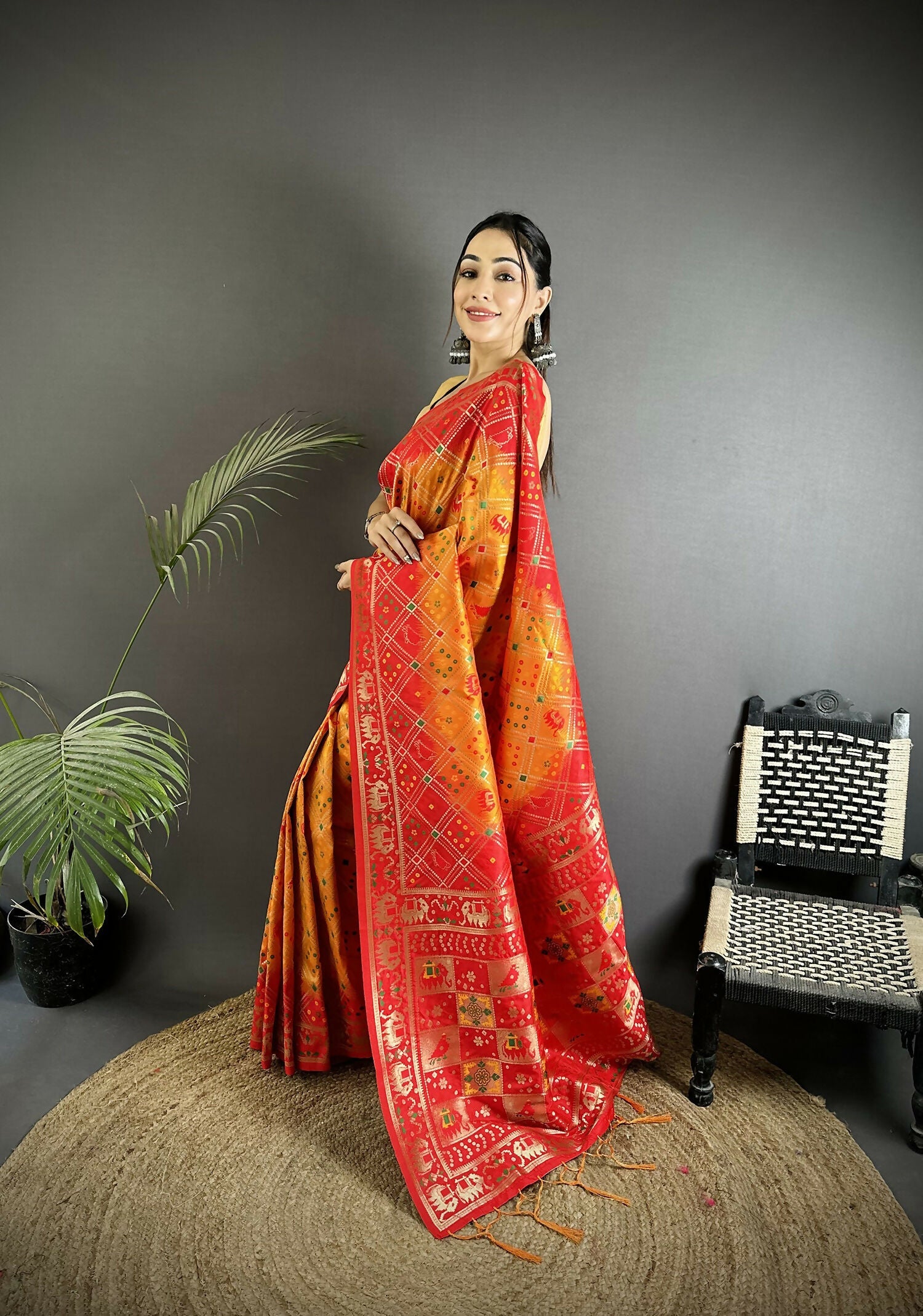 Joban Fashion Yellow And Red Geometric Pattern Soft Silk Patola Saree