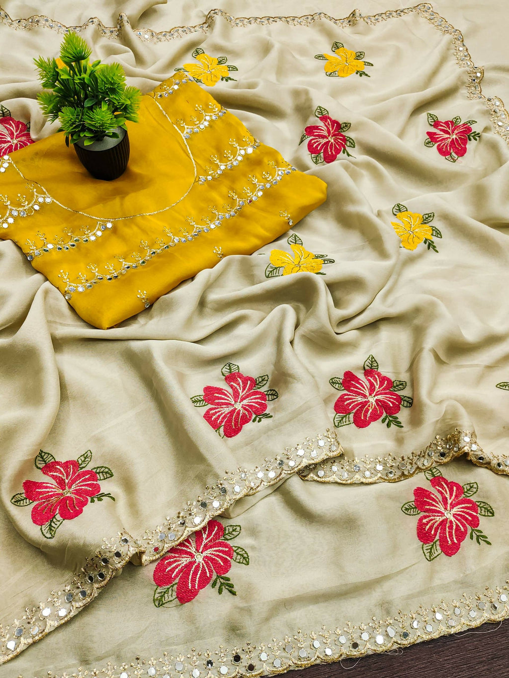 Teeya Creation Cream Rangoli Silk Embroidery Work Party Wear Designer Saree