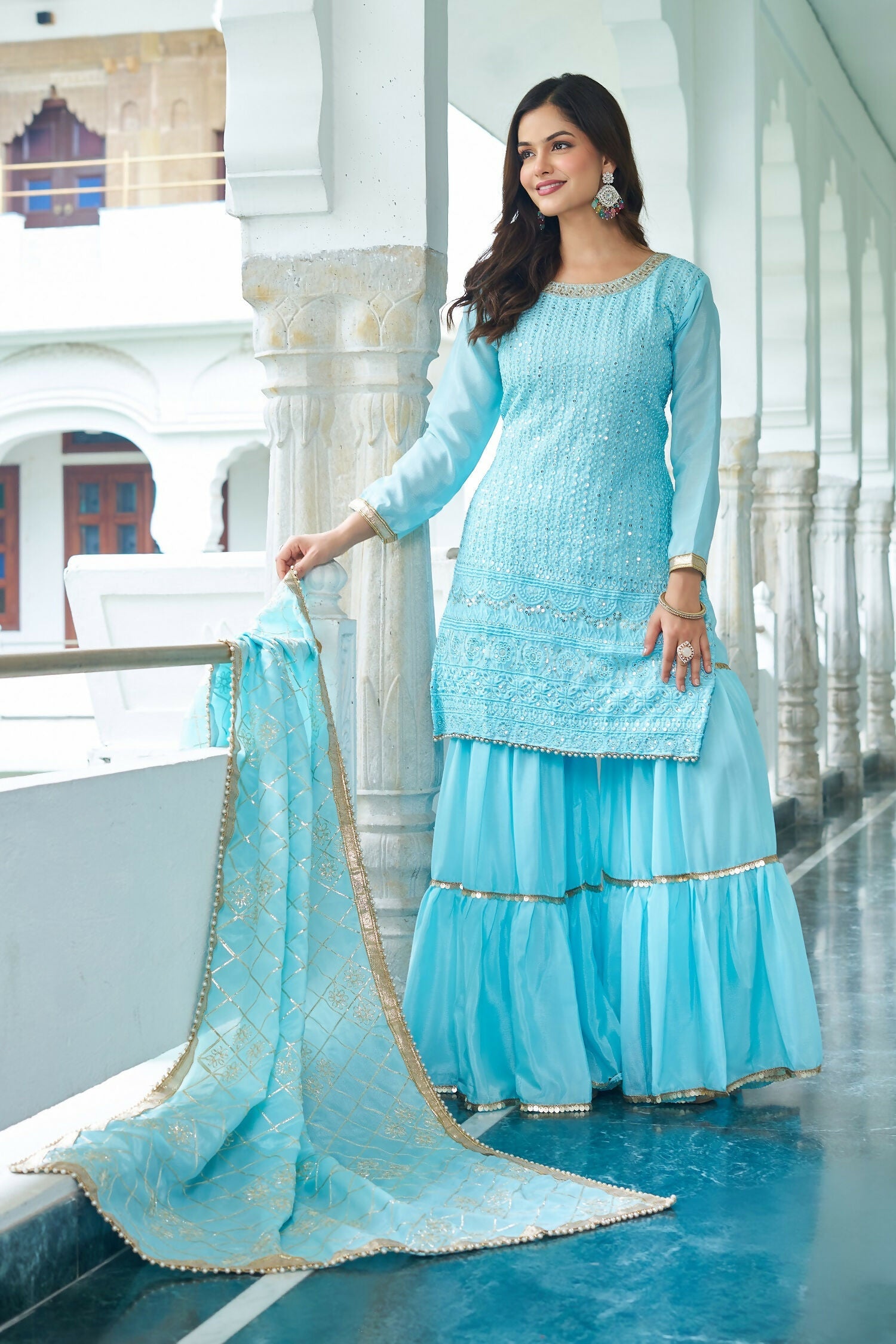 Joban Fashion Sky Blue Kurta Set Chinon Silk Embroidery Sequence Work
