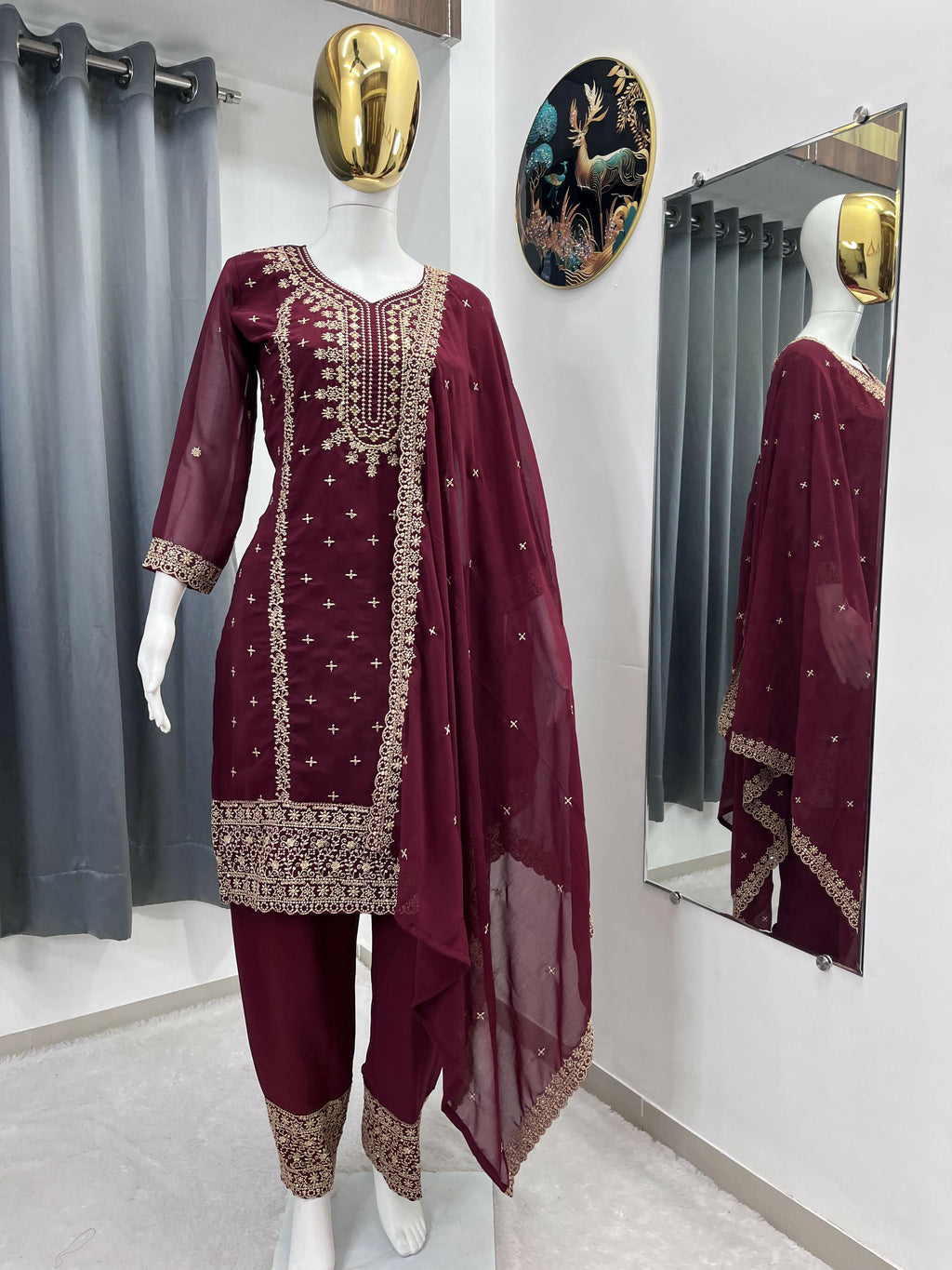 Teeya Creation Maroon Color Faux Georgette Embroidery Work Party Wear Salwar Suit