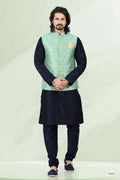 Raivat Ethnic Jacquard Banarasi Silk Woven Work 3 Pics Jacket Set In Pista Green Colour