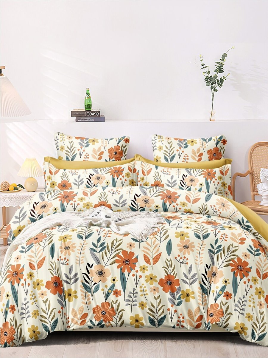 AEROHAVEN Premium Cream-Coloured Floral Cotton 300 TC King Bedsheet & 2 Pillow Covers