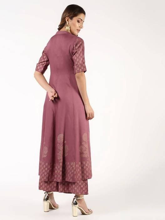 Aniyah Rayon Block Print Anarkali Flared Kurta With Palazzo Set Dusty Pink (AN-156K)