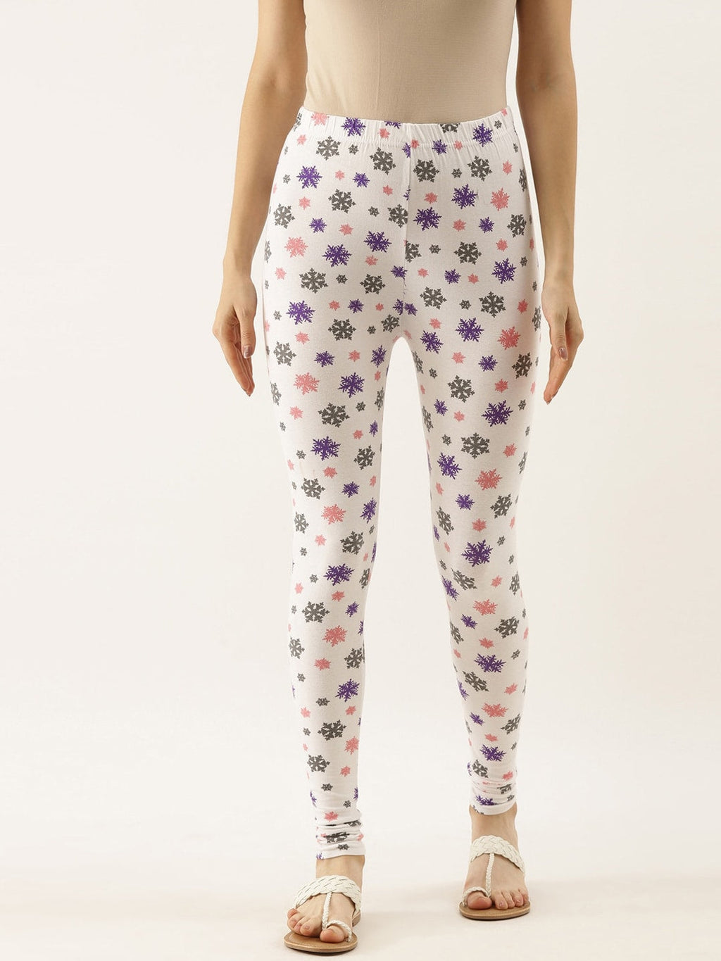 Souchii White & Grey Printed Slim-Fit Ankle-Length Leggings