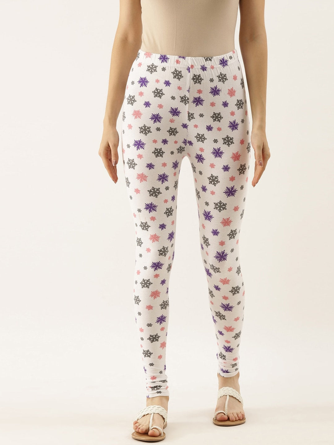 Souchii White & Grey Printed Slim-Fit Ankle-Length Leggings