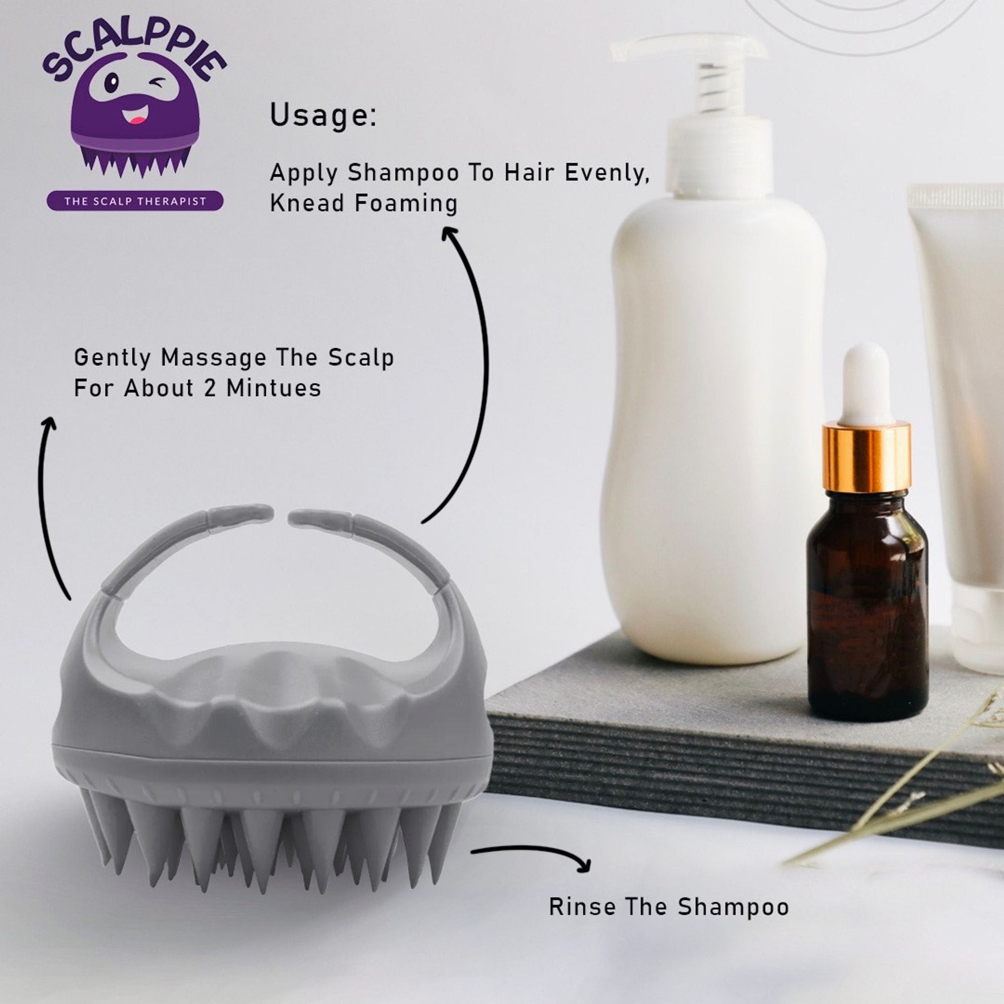 Scalppie Silicon Hair Scalp Massager & Shampoo Brush Scrub For Hair Growth & Anti Dandruff - Grey
