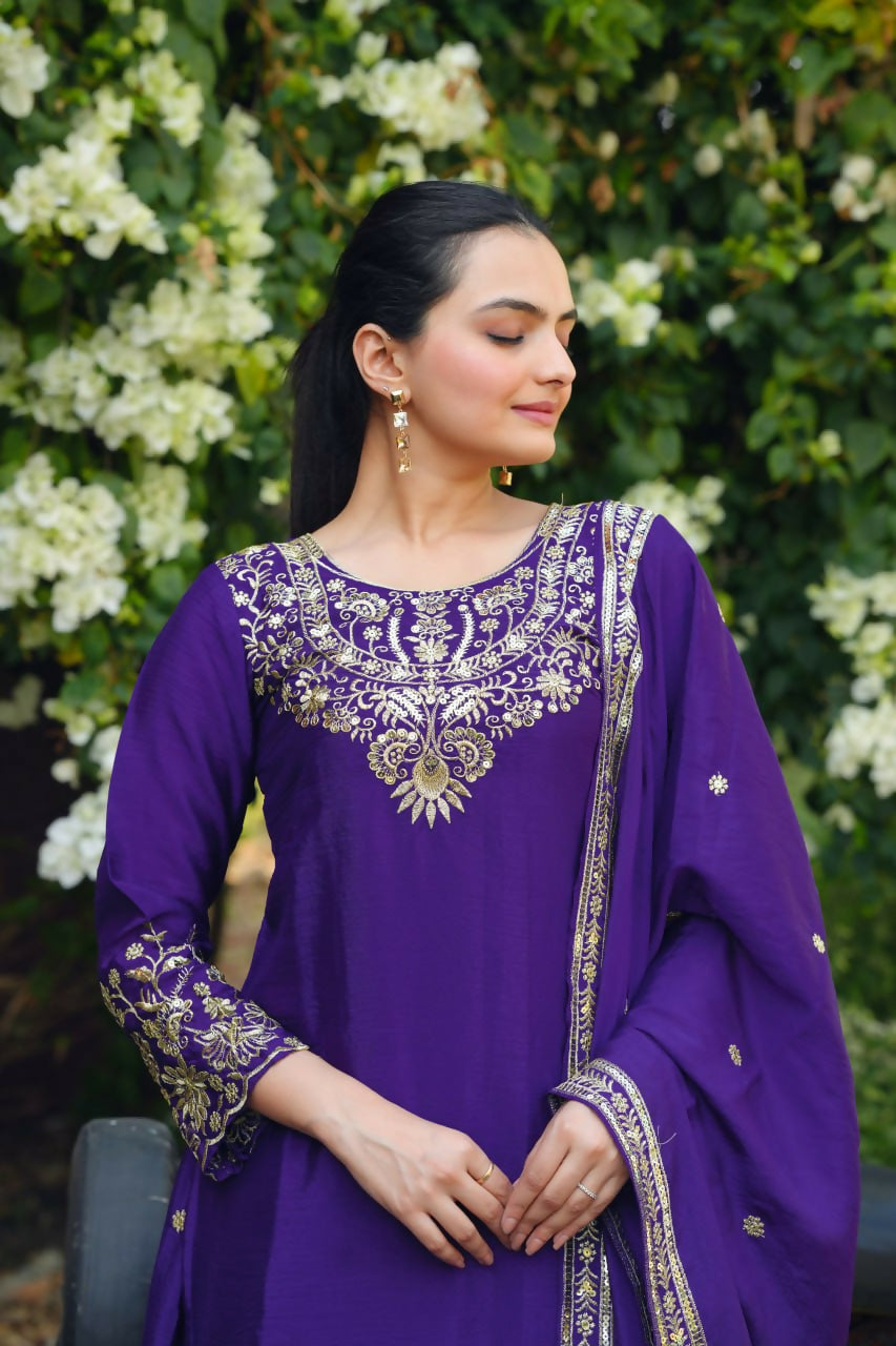 Teeya Creation Purple Color Chinon Silk Wedding Wear Trending Palazzo Set