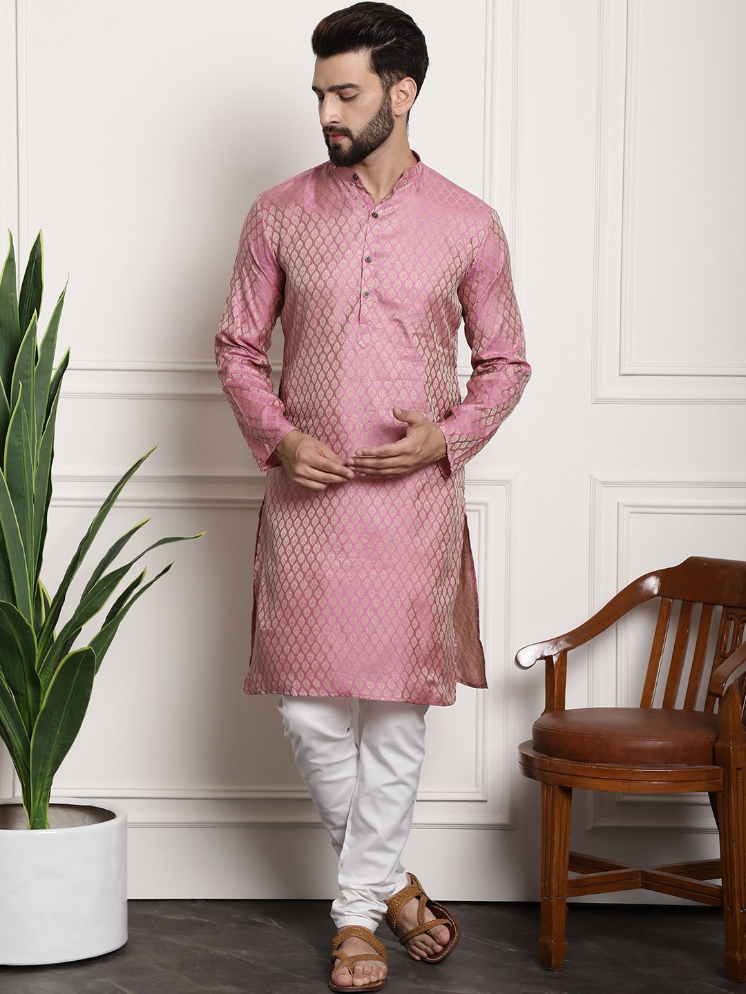 Sojanya Men Pink & Off-White Woven Design Kurta with Churidar