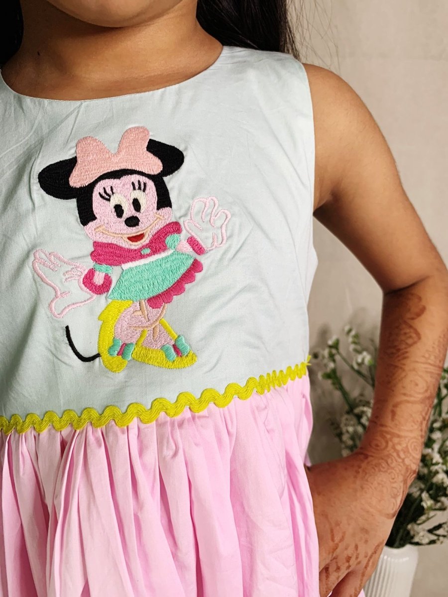 ArthLife Pink And Cyan Minne Embroidered Dress