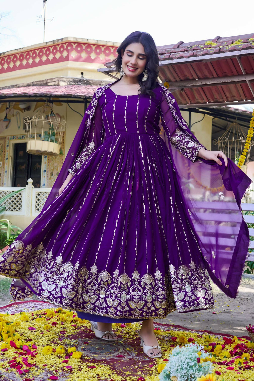 Teeya Creation Womens Casual Party Wear Heavy 5mm Sequence Embroidery Work Purple Gown Set