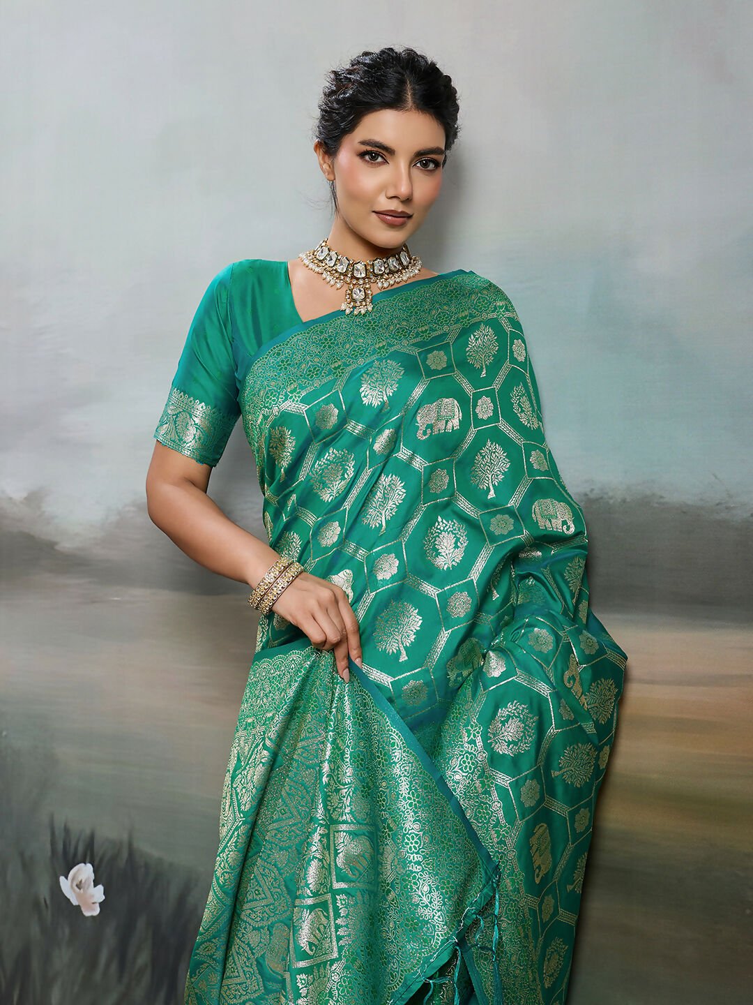 Shree Shyam Fashion Rama Green Silk Blend Saree