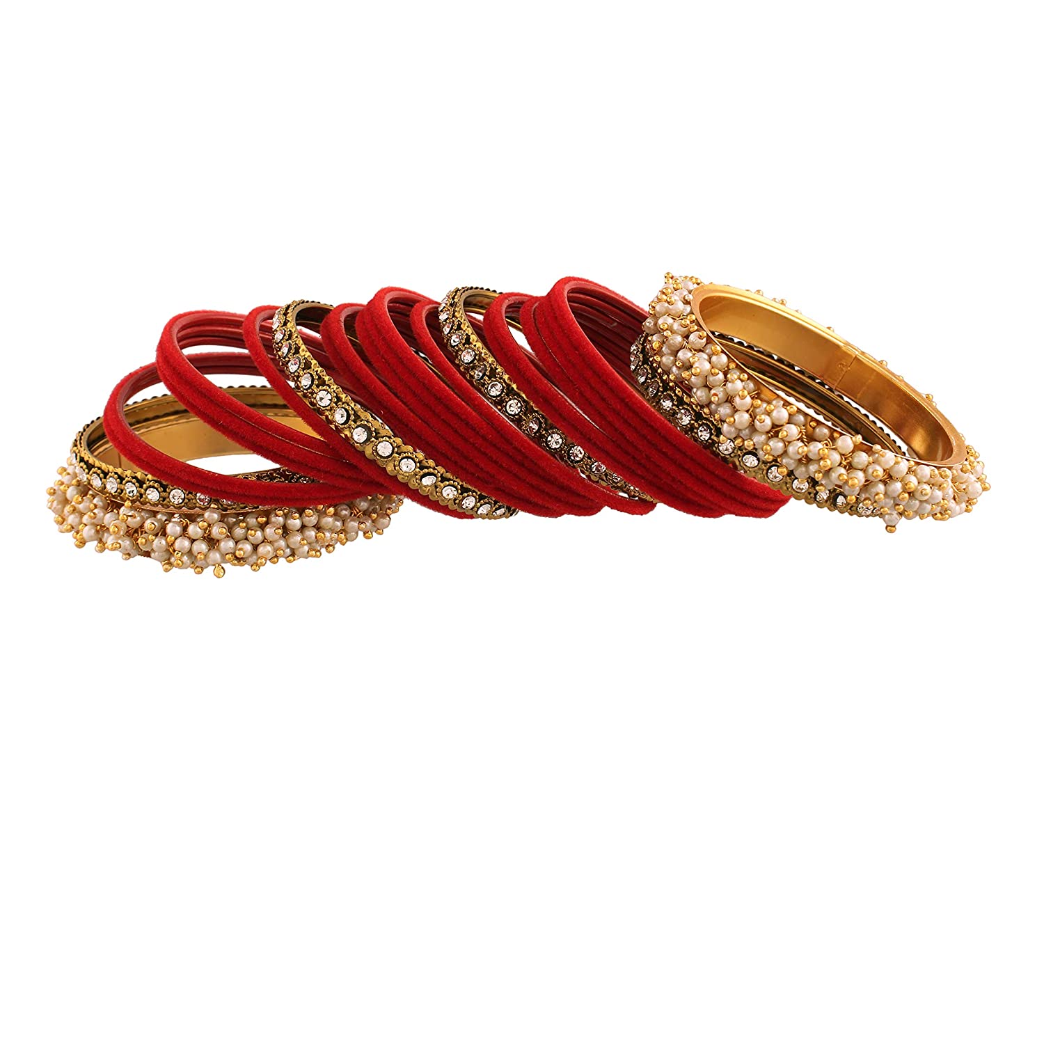 Gold-Polished Alloy Red Velvet Bangle Set With Pearl Bangle - The Pari