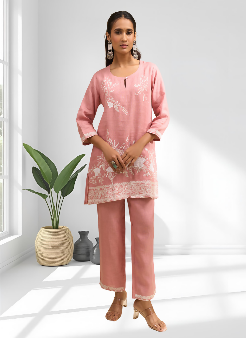 Joban Fashion Pink Linen Embroidered Readymade Cord Set