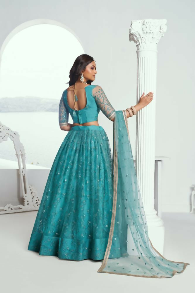 Aastha Fashion Rama Green Butterfly Net Tone To Tone Cotton Thread Work And Sequence Work Embroidery Wedding Wear Lehenga Choli