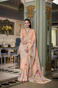Vastranavya Peach Spectacular Georgette Printed with Pearl Lace Saree with Unstitched Blouse