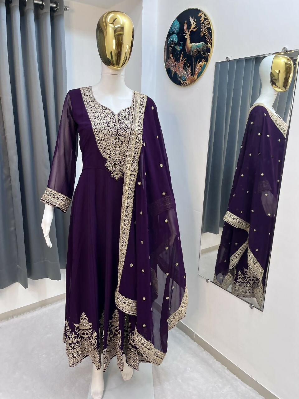 Teeya Creation Wine Color Faux Georgette Embroidery Work Long Party Wear Gown