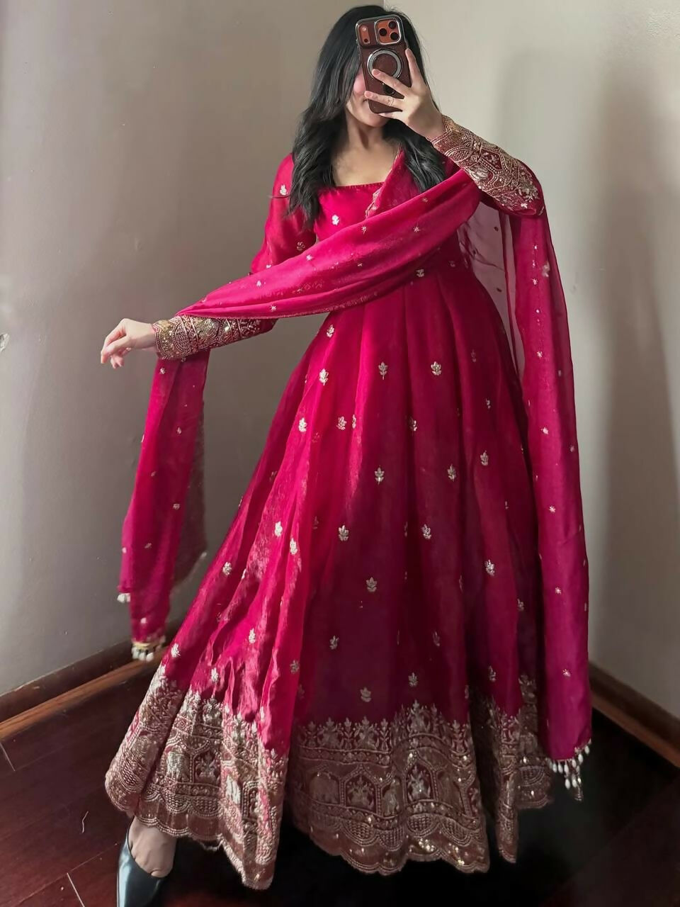 Teeya Creation Red Fendy Silk Designer Heavy Work Wedding Wear Long Gown