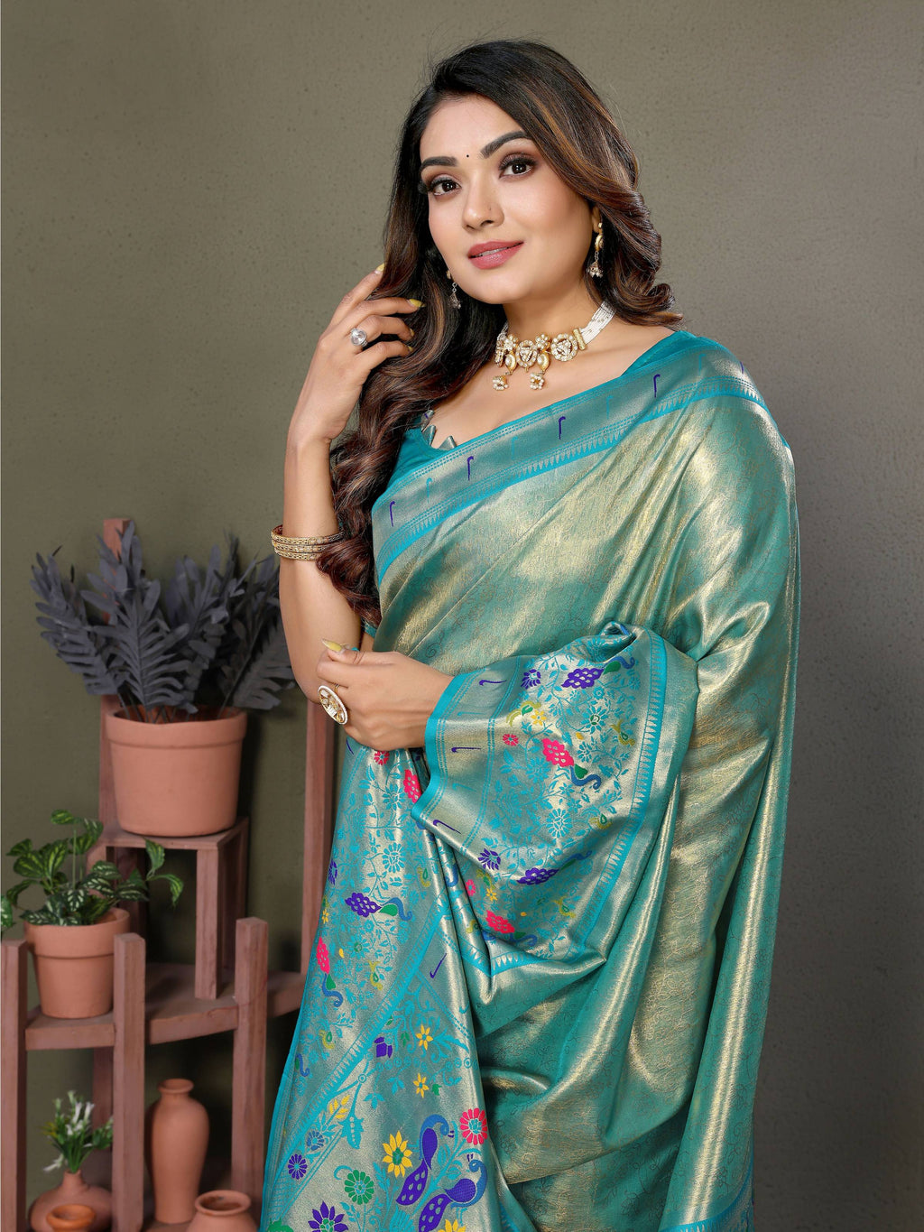 Aastha Fashion Sea Green Tissue Silk Paithani Woven Saree