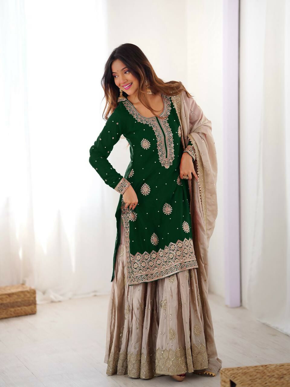Lehenga Mart Designer Sharara Suit With Kurta, Sharara, Dupatta For Women-Green