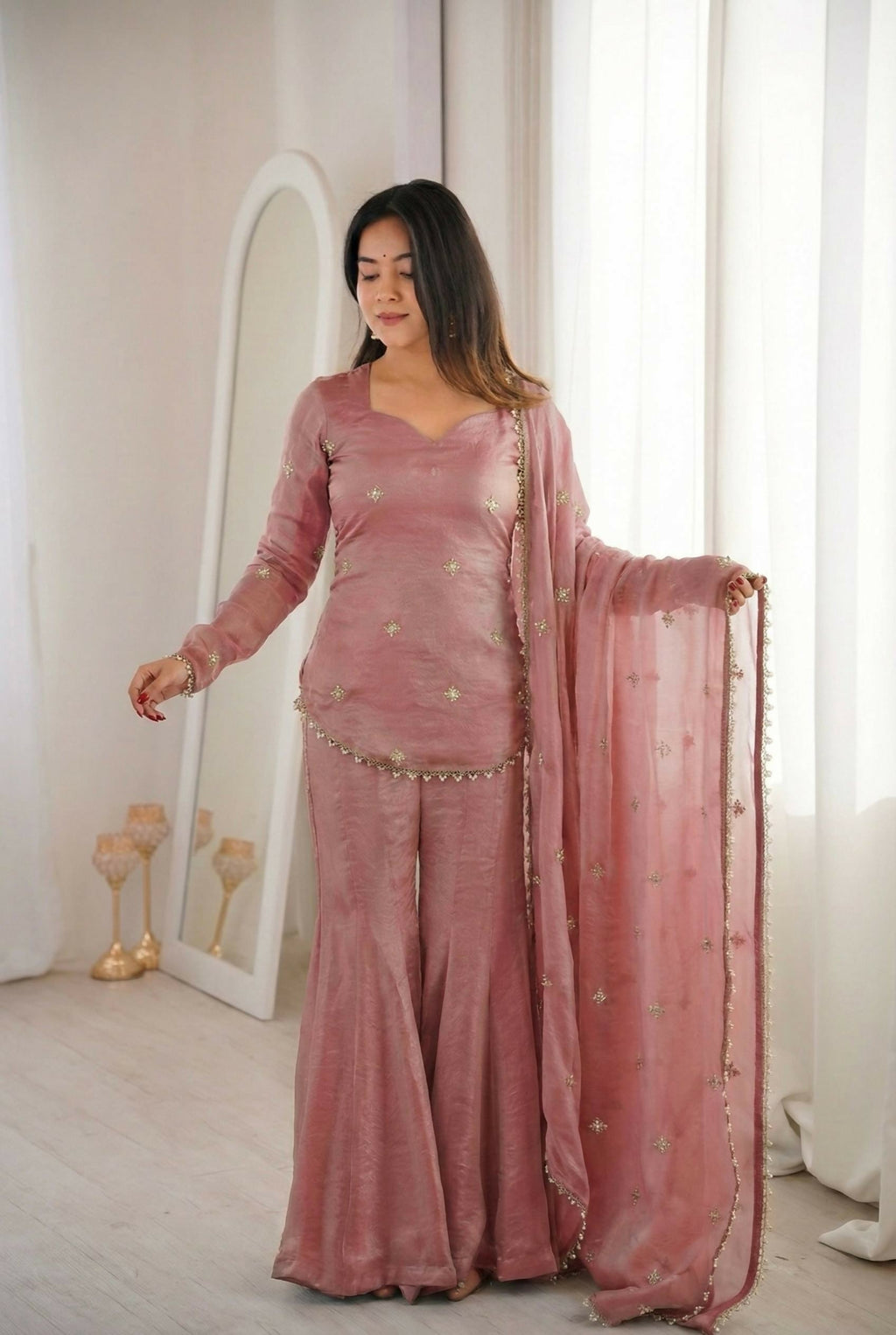 Teeya Creation New Womens Trendy Embroidery Sequence Work Pink Kurta Set