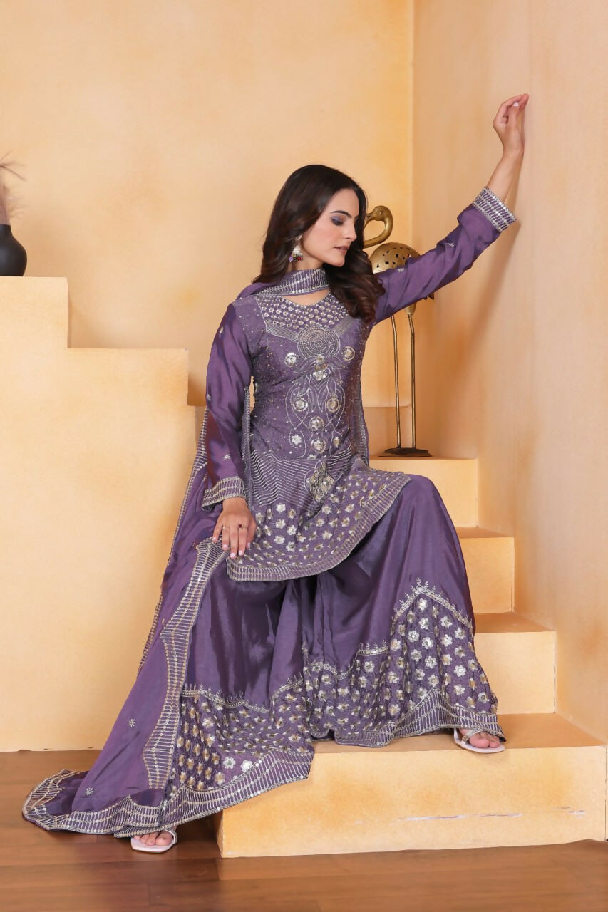 Joban Fashion Purple Silk Embroidered Sharara Set