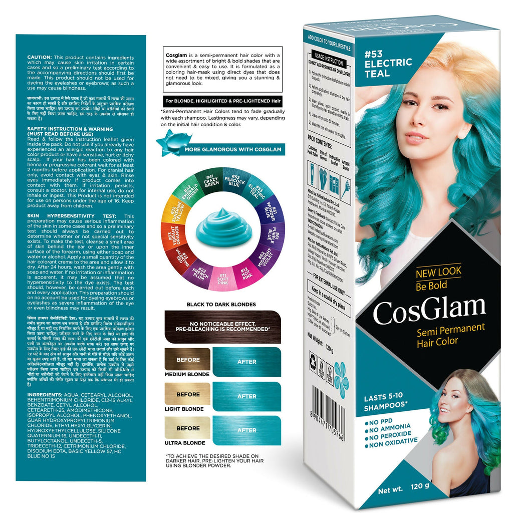 Cosglam Semi Permanent Hair Color for Women & Men (#53 Electric Teal)