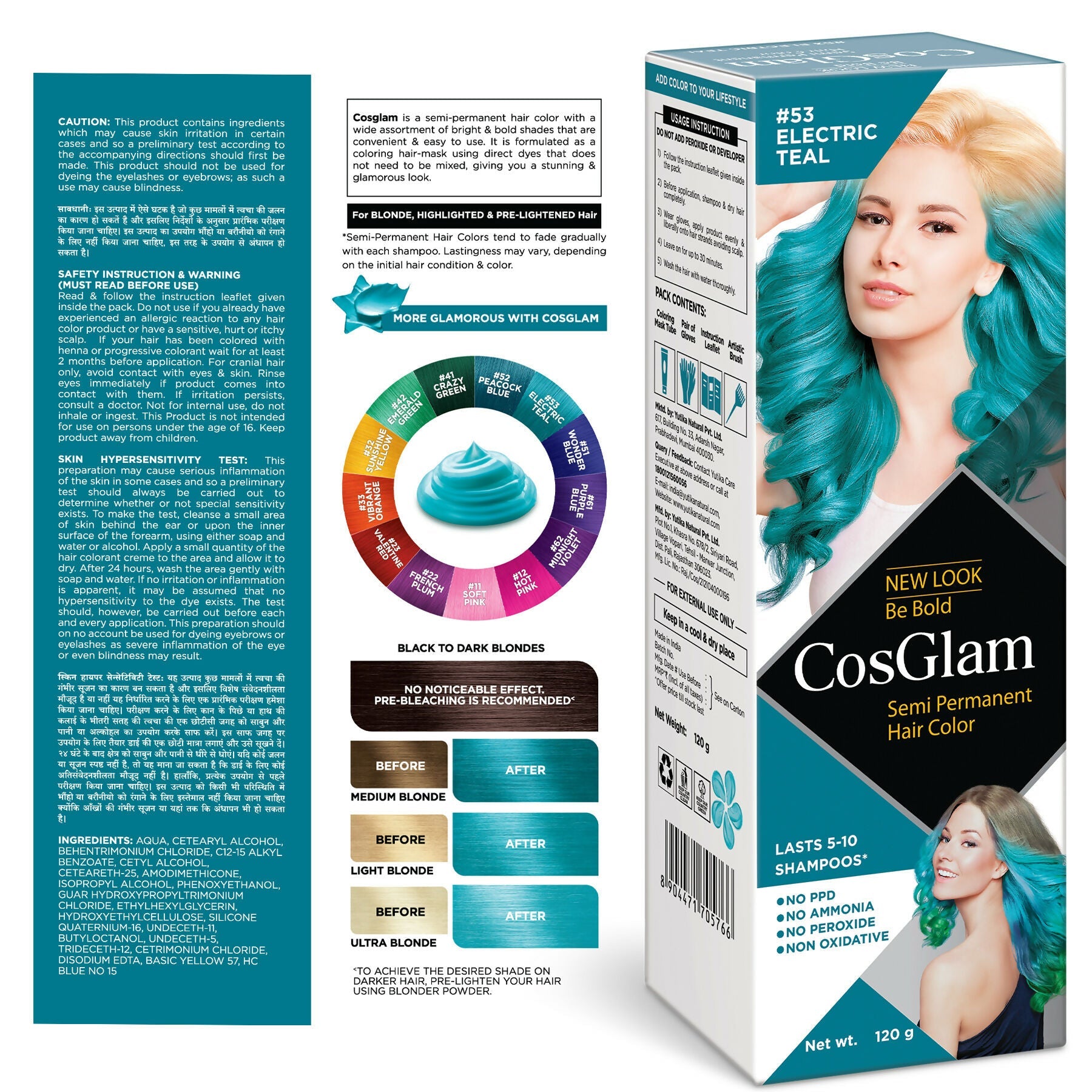 Cosglam Semi Permanent Hair Color for Women & Men (#53 Electric Teal)