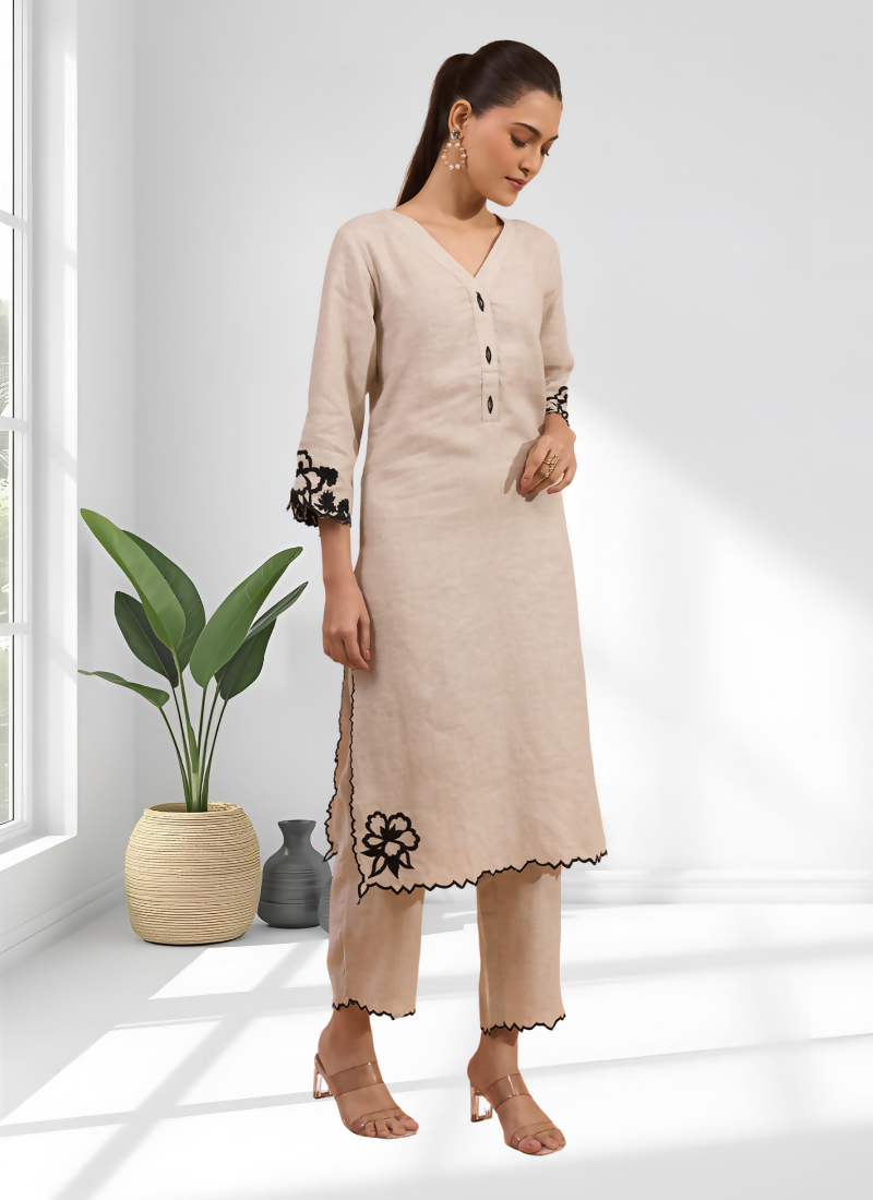 Joban Fashion Beige Linen Embroidered Readymade Long Kurta With Pant