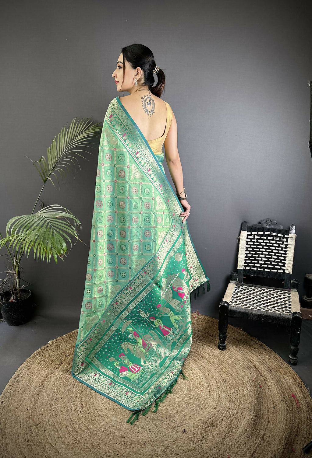 Joban Fashion Aqua Green Geometric Pattern Soft Silk Patola Saree