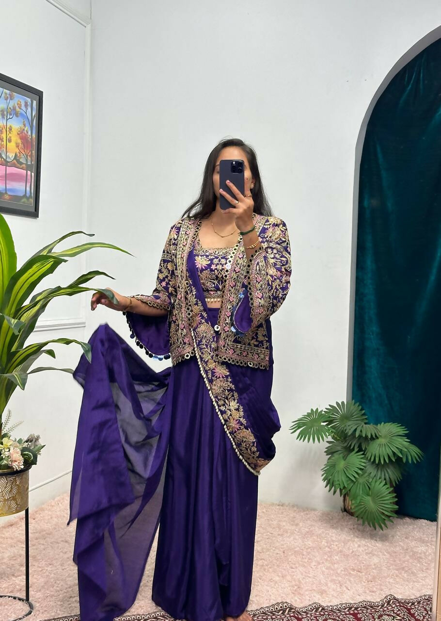 Teeya Creation Purple Color Chinon Silk Embroidery Work Ready To Wear Party Wear Saree With Koti