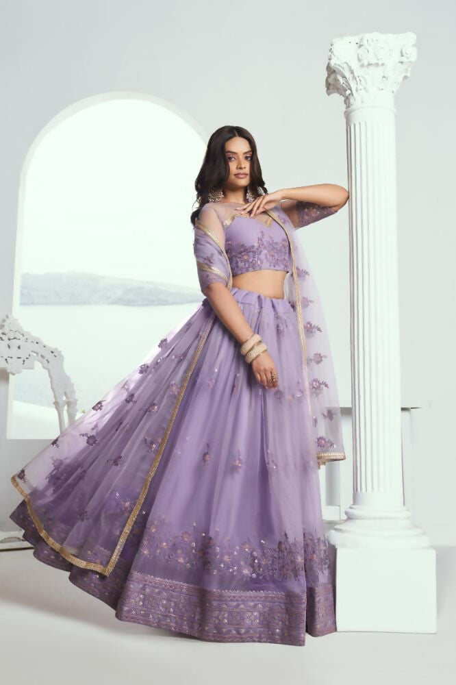 Aastha Fashion Lavender Butterfly Net Tone To Tone Cotton Thread Work And Sequence Work Embroidery Wedding Wear Lehenga Choli