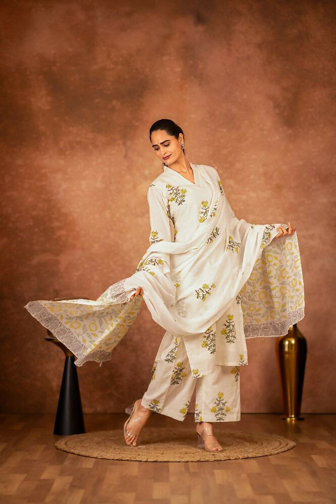 Joban Fashion Off White Yellow Hand Block Printed Cotton Suit Set