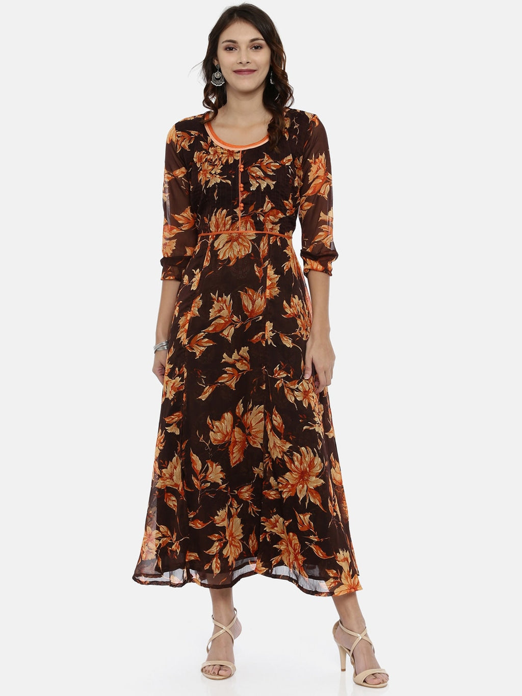 Souchii Brown & Orange Floral Printed Chiffon Maxi Dress