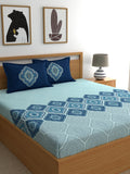 Dreamscape Blue Ethnic 144 TC Cotton Bedsheet with Reversible Pillow Covers