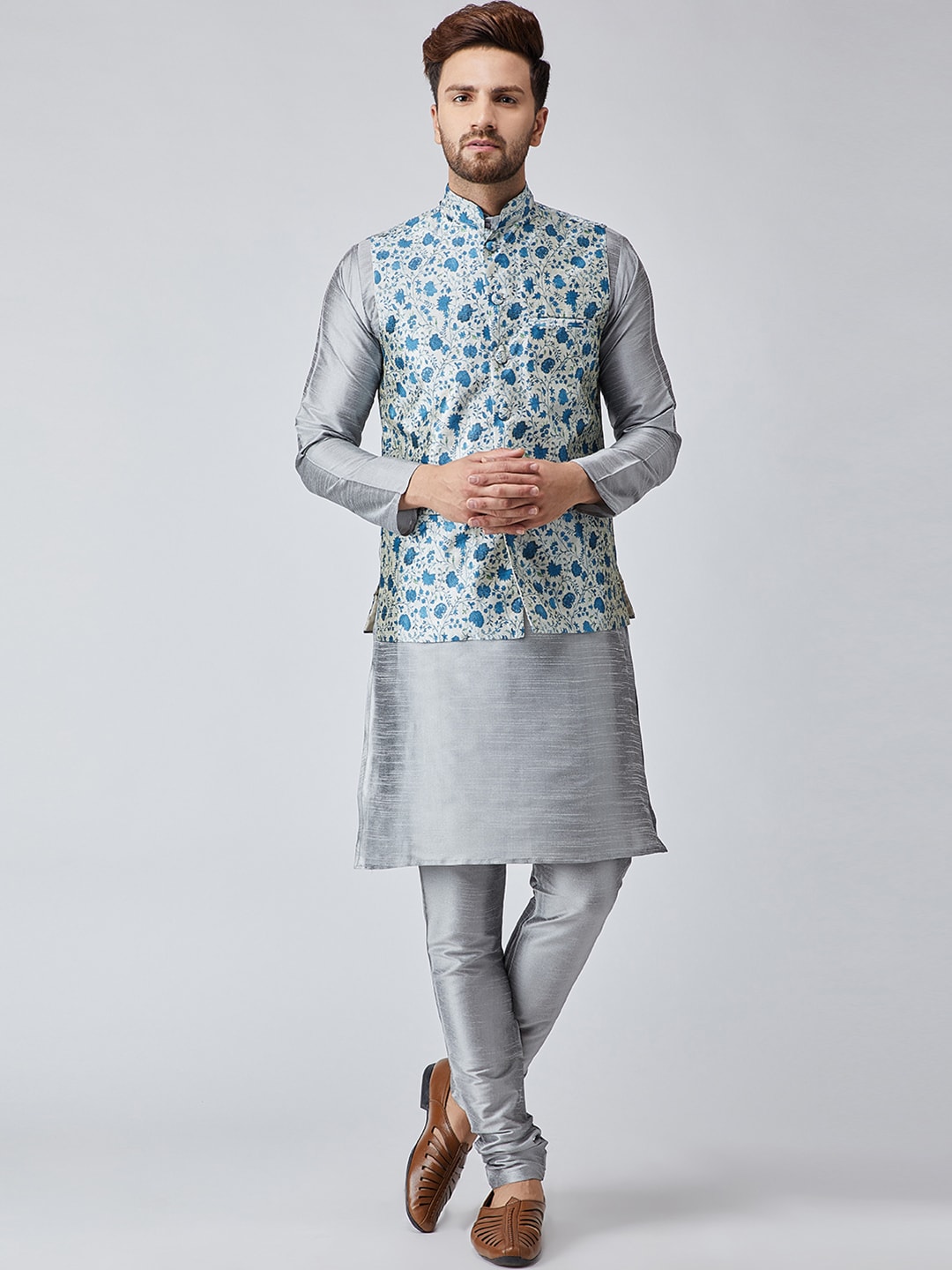 Sojanya Men Grey & Blue Self Design Kurta with Churidar & Nehru Jacket