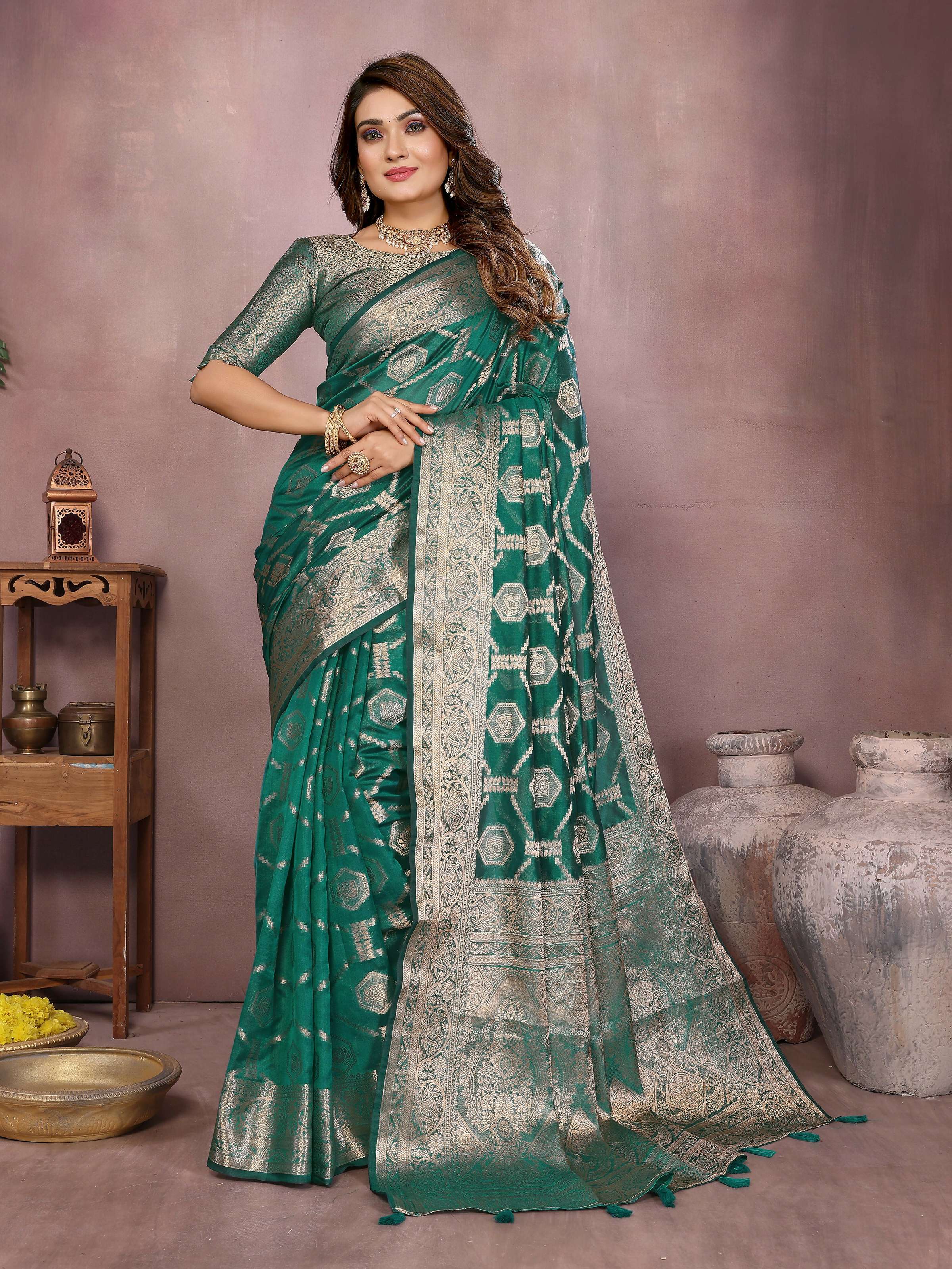 Aastha Fashion Light Green Soft Organza Silk Weaving Saree
