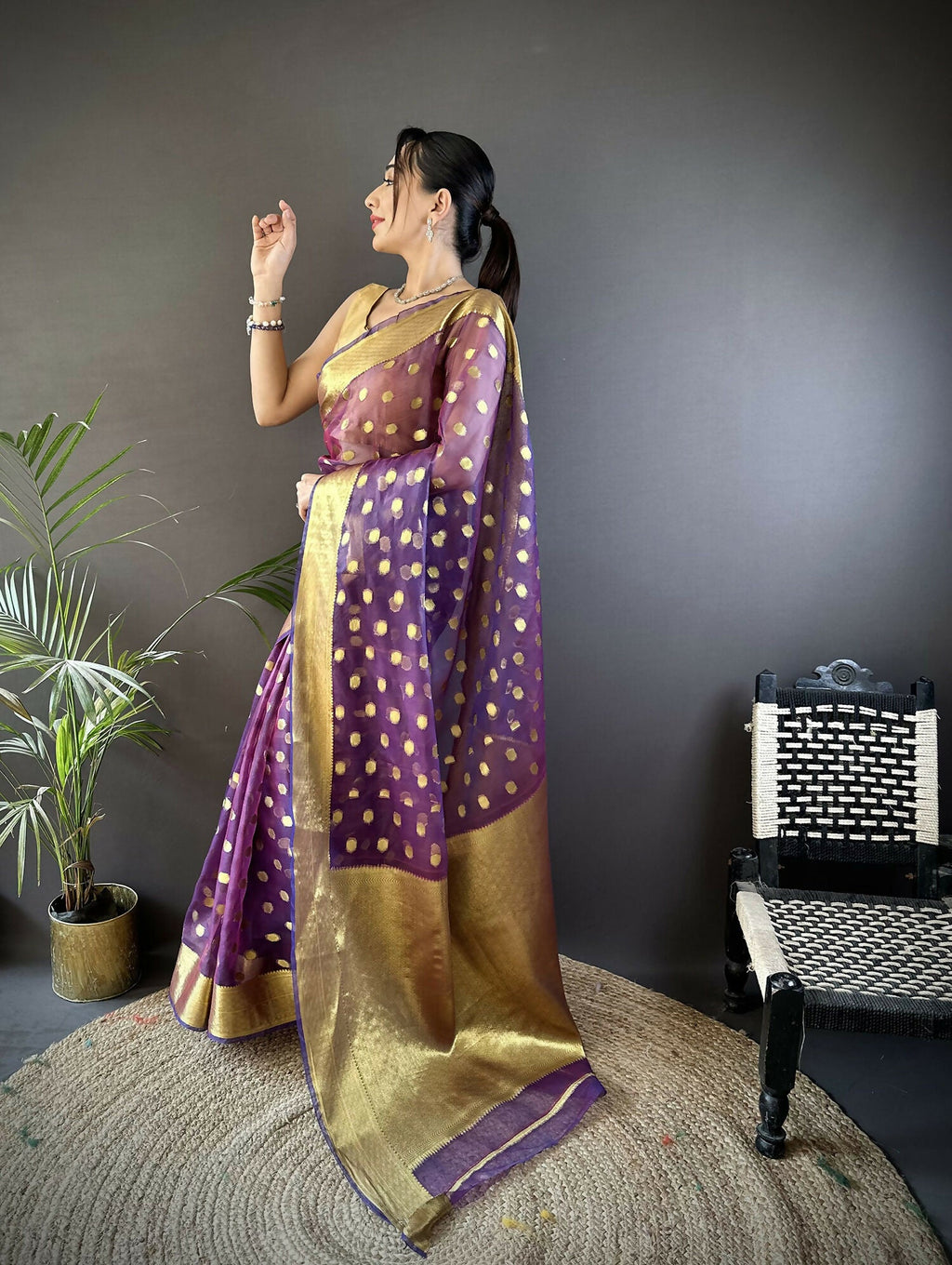 Joban Fashion Purple Polka-Dot Zari Woven Organza Silk Banarasi Silk Saree