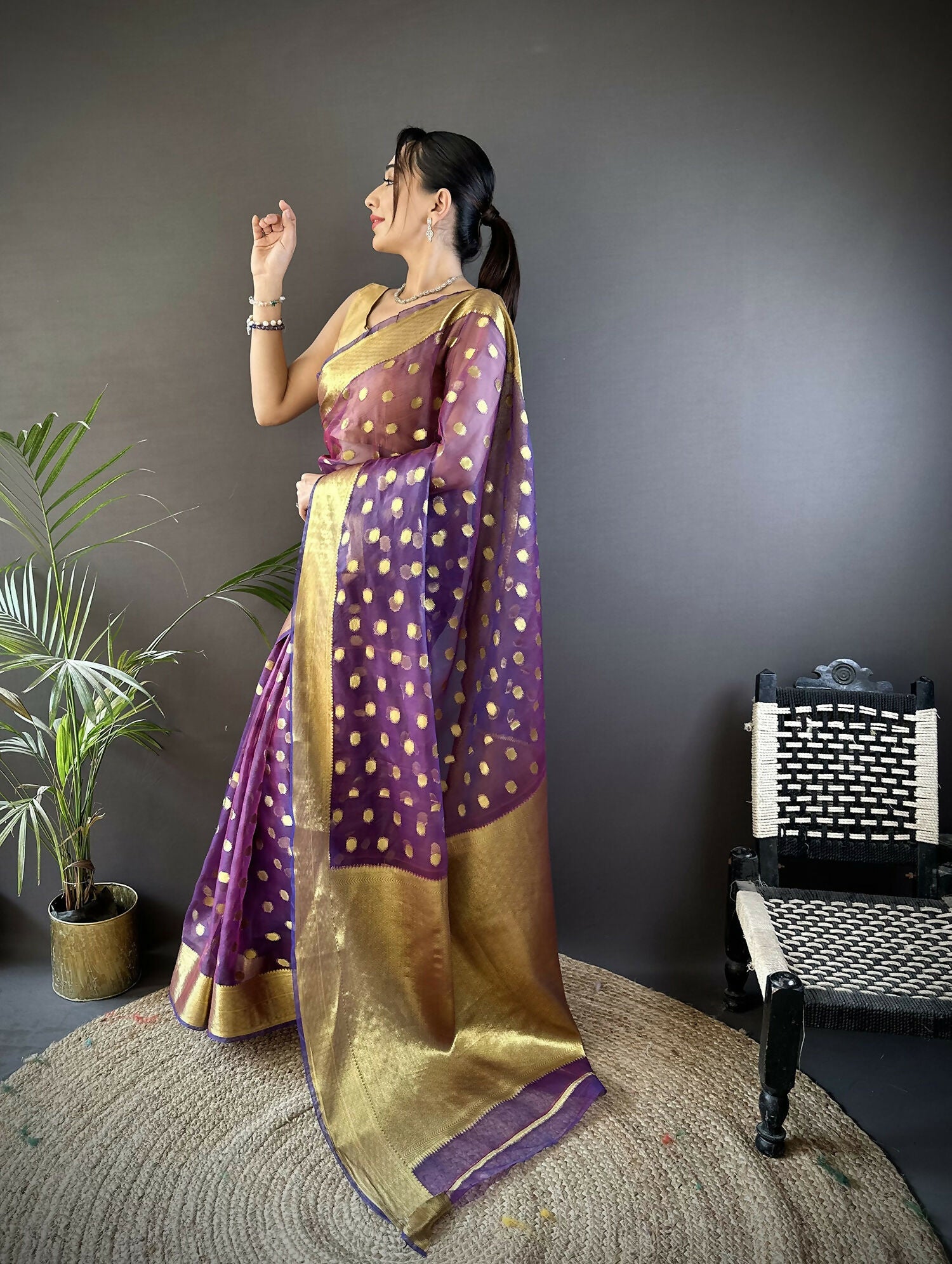 Joban Fashion Purple Polka-Dot Zari Woven Organza Silk Banarasi Silk Saree