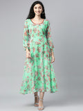 Souchii Sea Green Floral Chiffon Maxi Dress