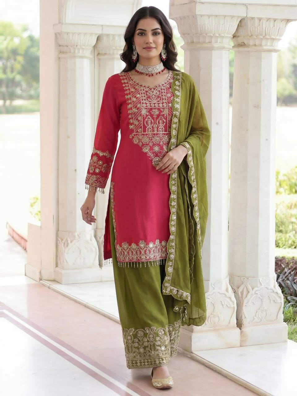 Teeya Creation Rani Chinon Silk Designer Wedding Wear Embroidery Work Palazzo