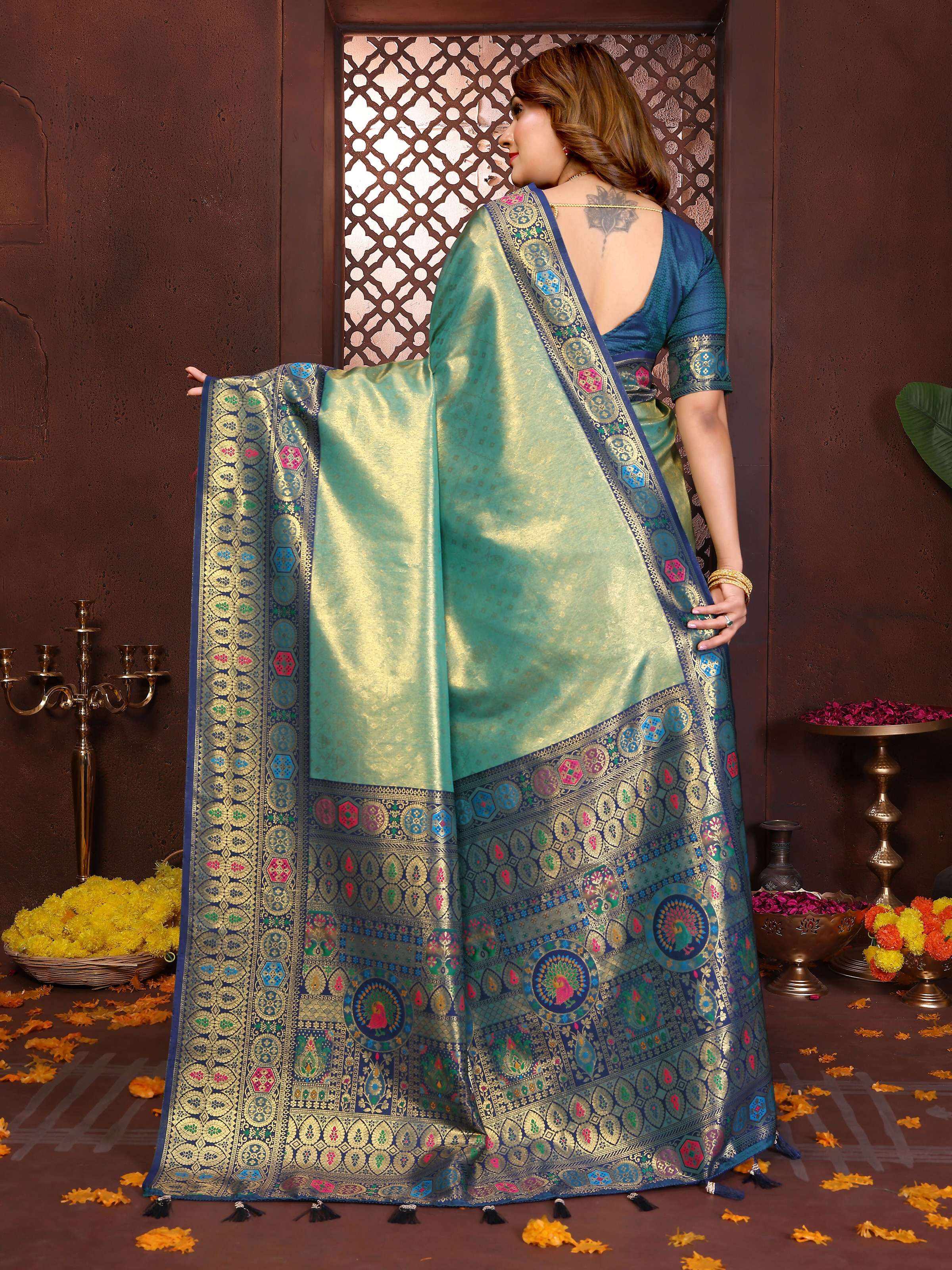 Aastha Fashion Sea Green Tissue Silk Weaving Saree