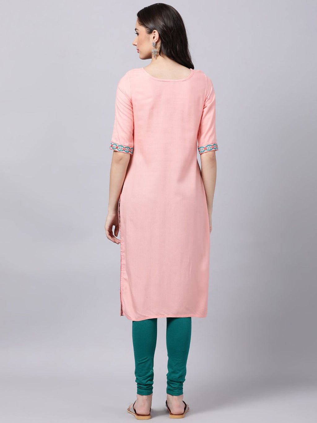 Souchii Women Peach-Coloured & Blue Ethnic Motifs Yoke Design Thread Work Pastels Kurta