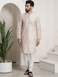 Sojanya Men Cream-Coloured & Brown Silk Cotton Printed Regular Kurta with Churidar
