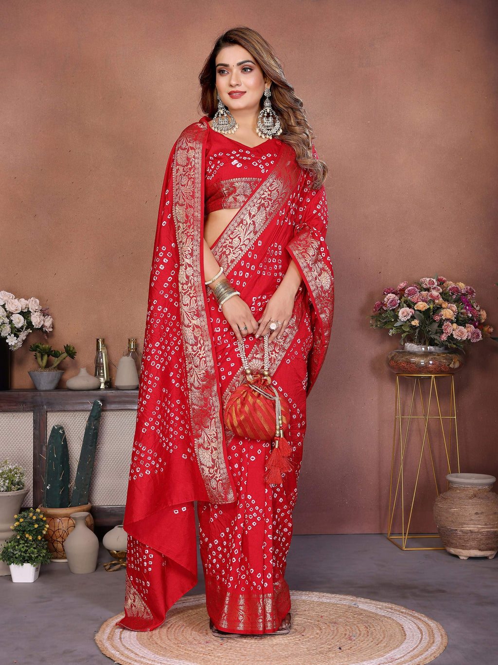 Aastha Fashion Red Pure Dola Silk Handmade Original Bandhej Saree
