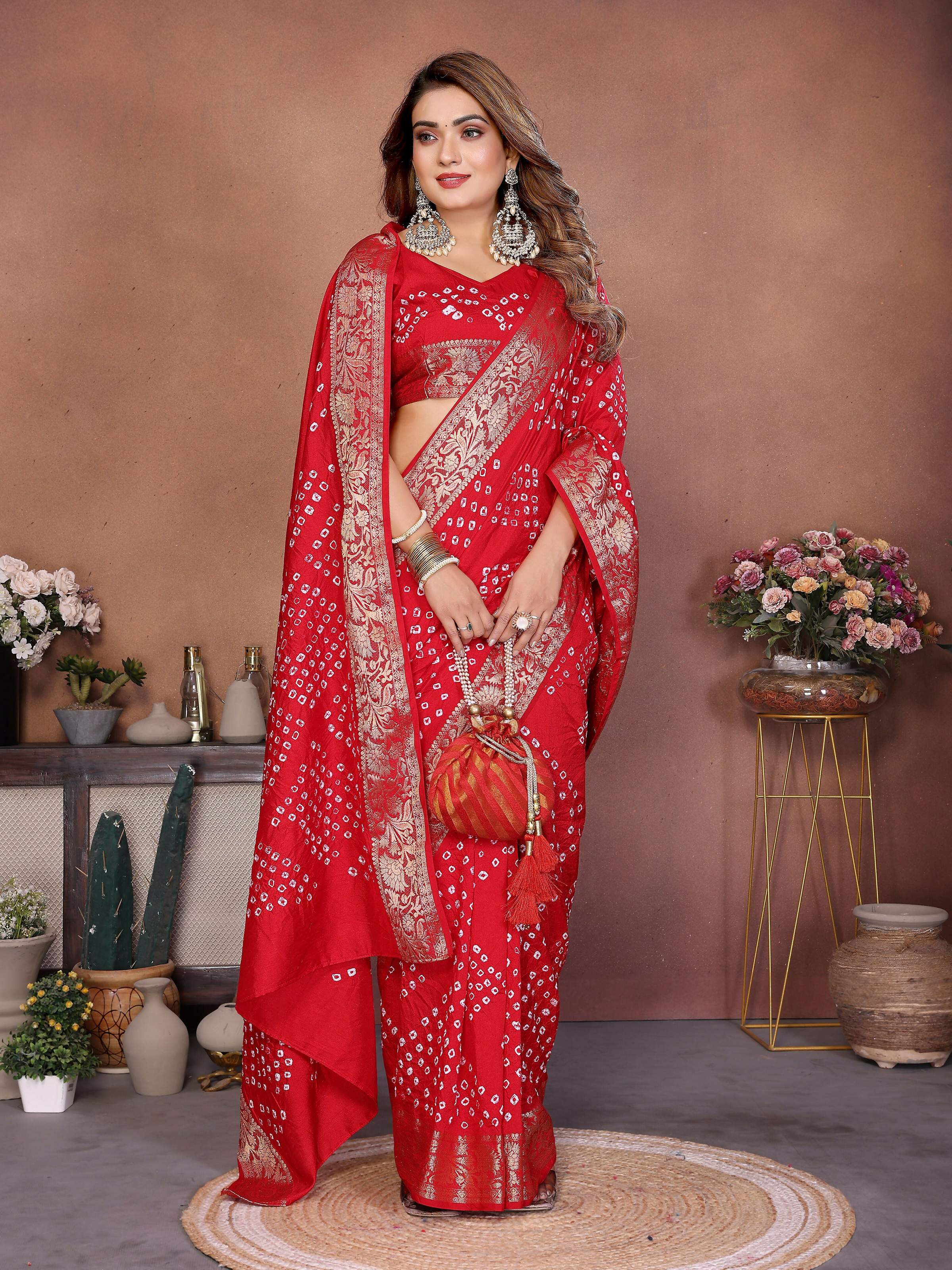 Aastha Fashion Red Pure Dola Silk Handmade Original Bandhej Saree