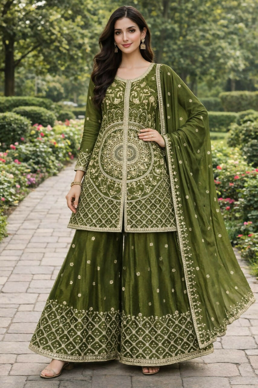 Teeya Creation Green Color Chinon Silk Wedding Wear Trending Palazzo Set