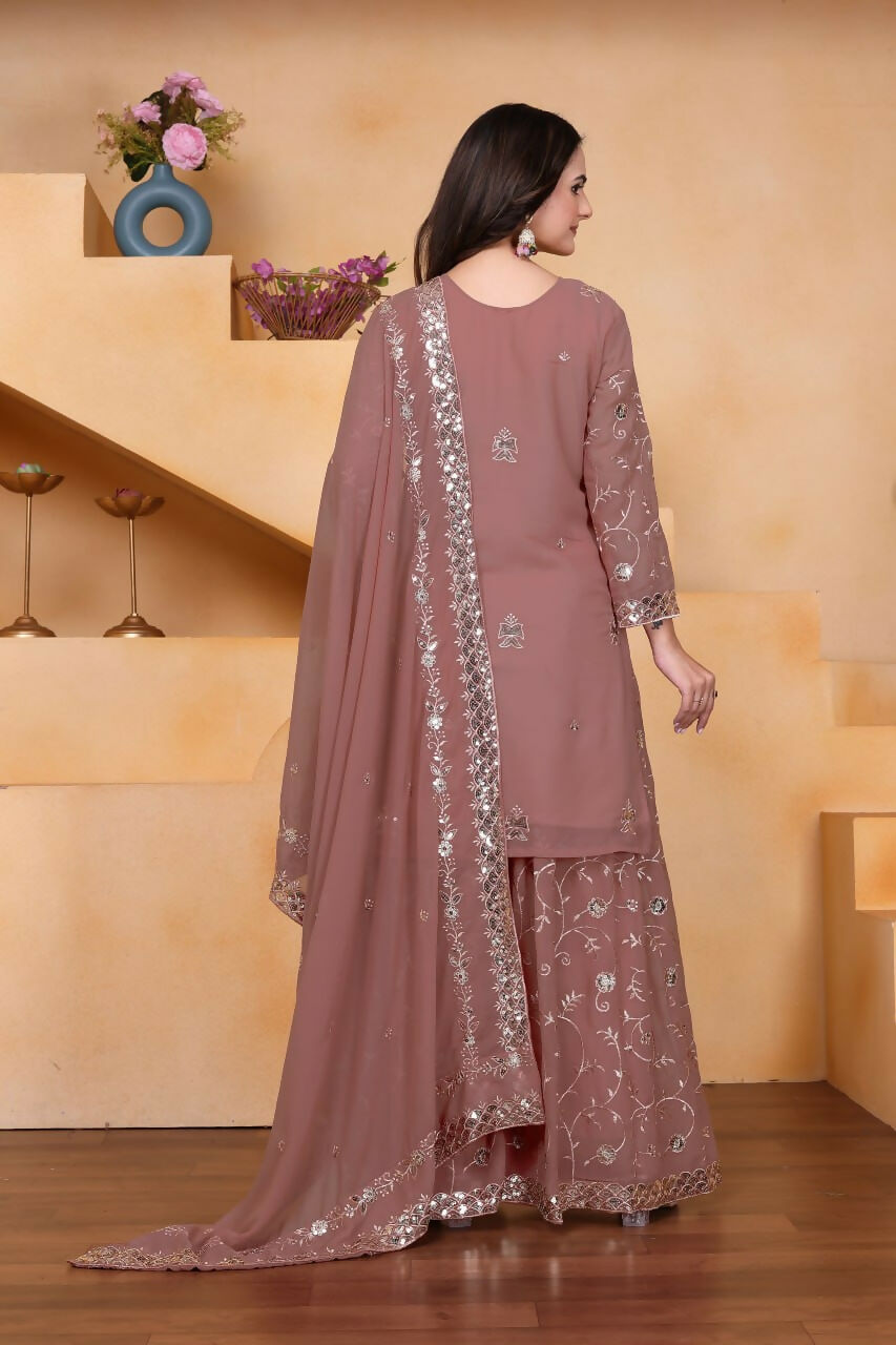 Teeya Creation Onion Color Faux Georgette Embroidery Work Wedding Wear Palazzo Set