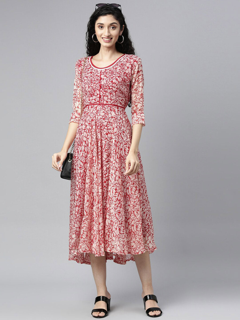 Souchii White & Red Floral Layered Chiffon Beautiful Midi Dress