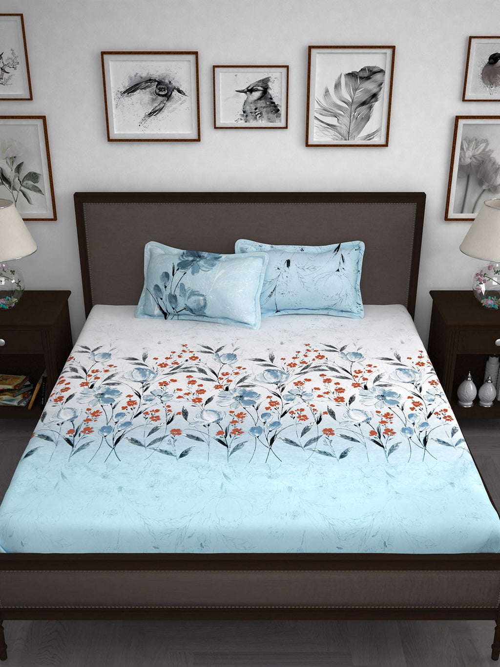 Story@home White & Blue Floral 210 TC Cotton 1 King Bedsheet with 2 Pillow Covers