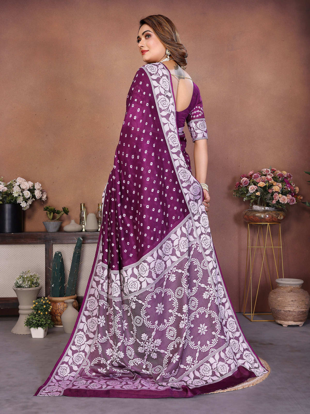 Aastha Fashion Wine Viscose Silk Handmade Original Bandhej Saree